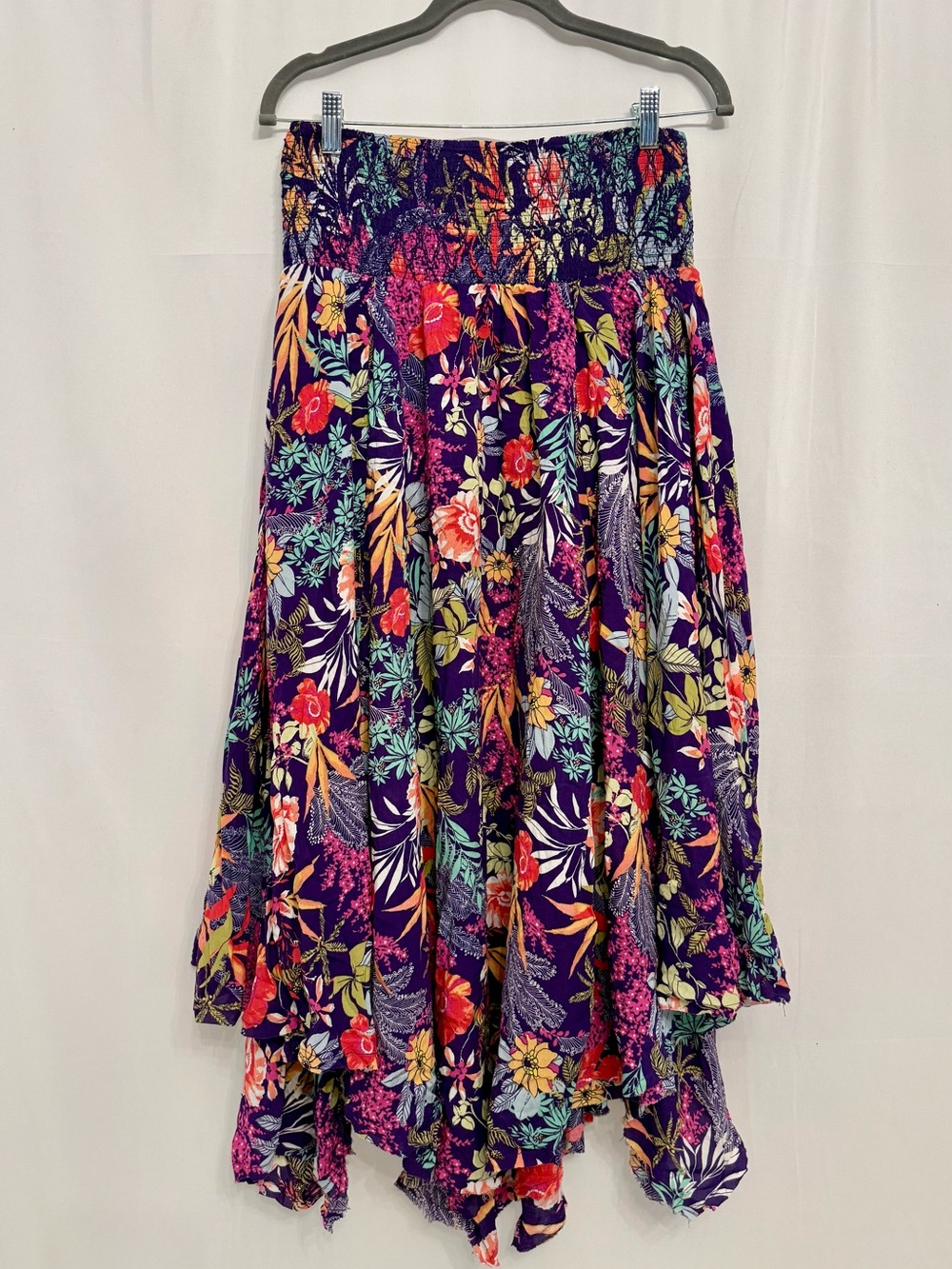 Free People Purple Floral Handkerchief Hem Smocked Asymmetrical Cotton Skirt M - Picture 4 of 17